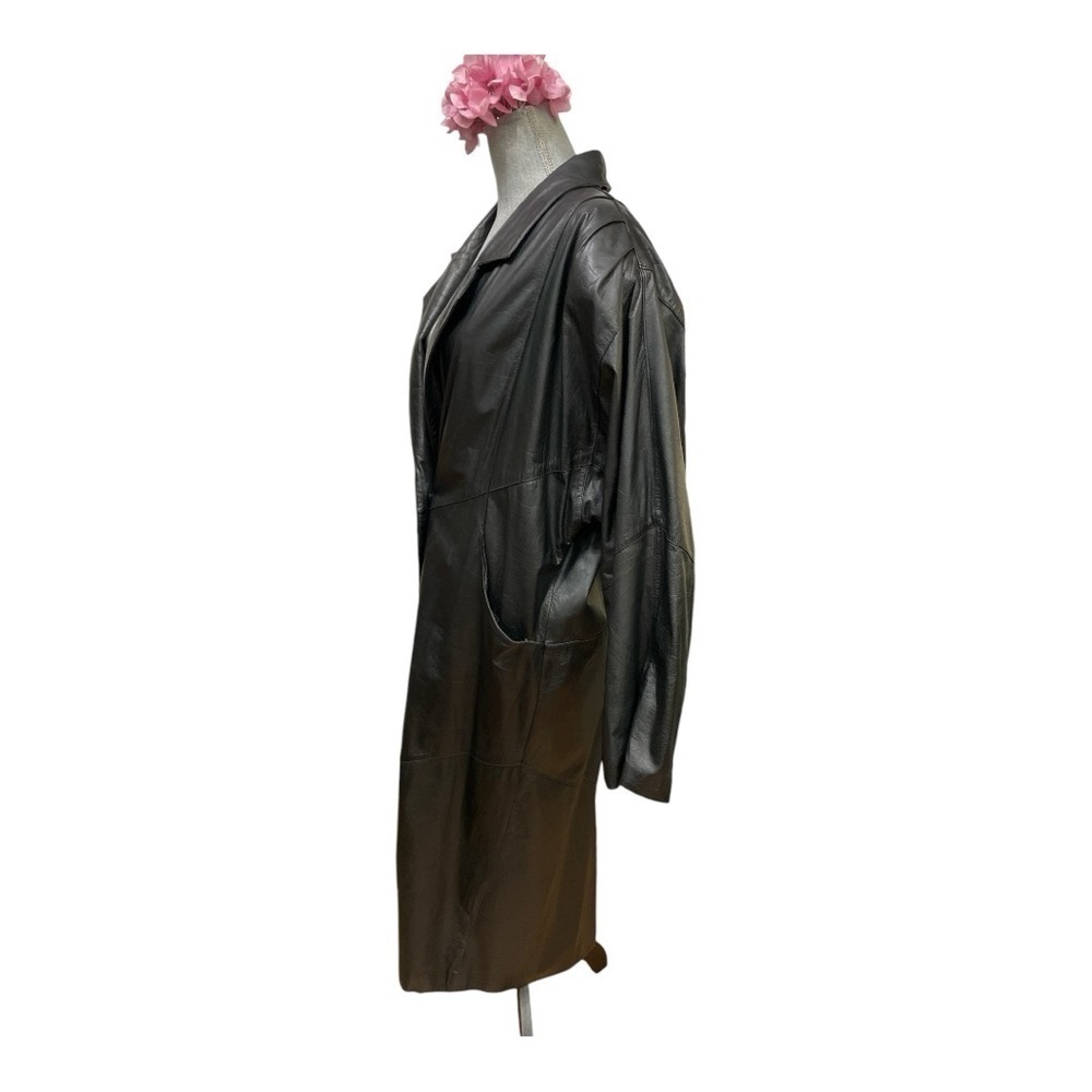VTG G-III Genuine Leather Trench Coat Long Black Overcoat L Made in Indonesia - Picture 5 of 15